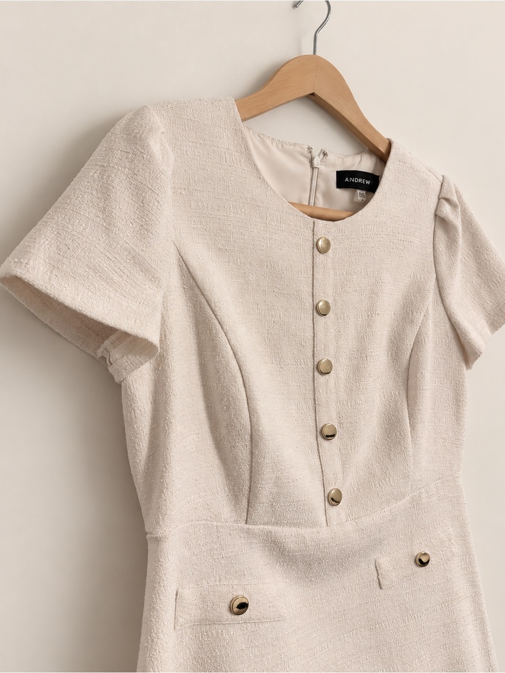 Andrew Marc Ivory Textured Gold Button Fit & Flare Dress Size 12 - Picture 5 of 8